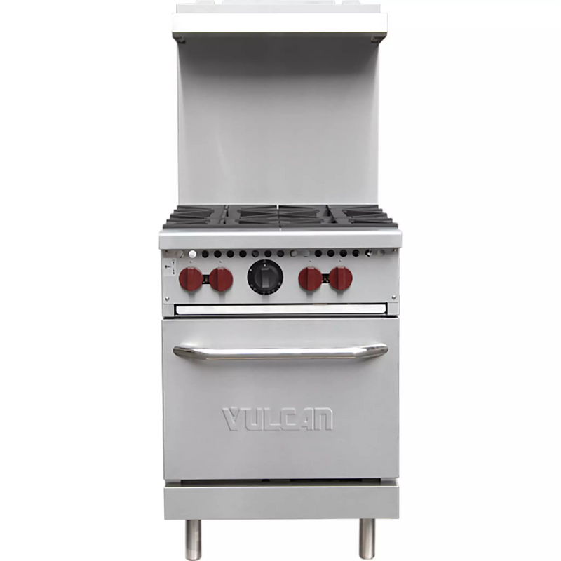 Vulcan SX24-4B natural gas/propane 24 inch stainless steel range with 4 open burners, backsplash and oven below