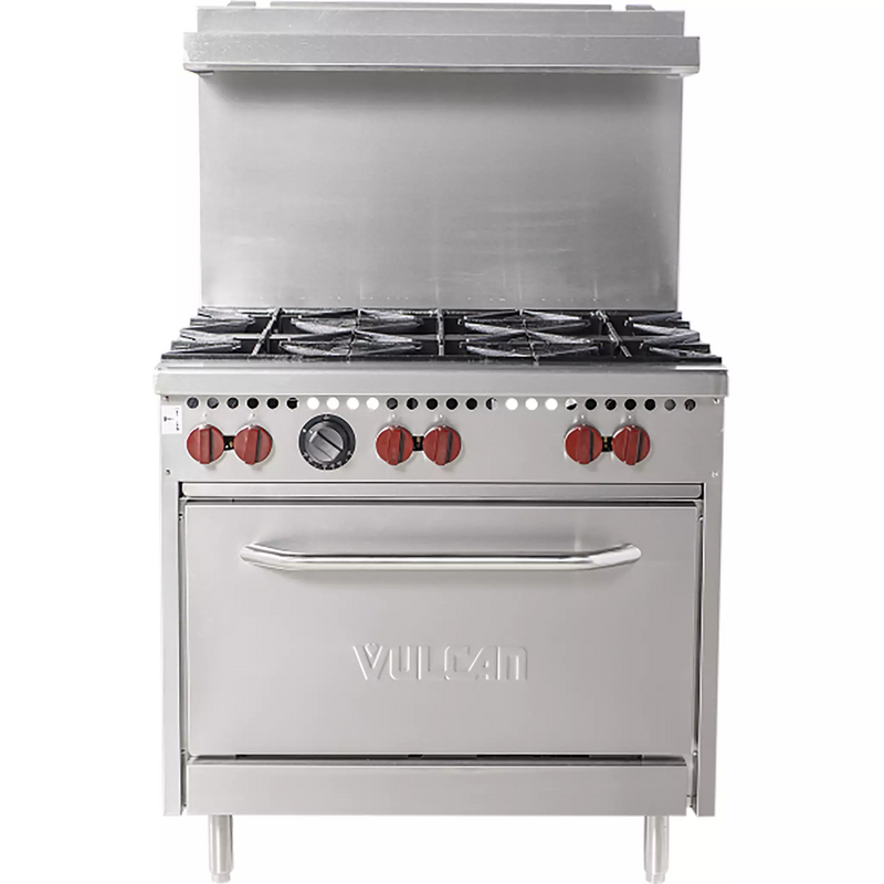 Vulcan SX36-6B natural gas/propane 36 inch stainless steel range with 6 open burners, backsplash and oven below