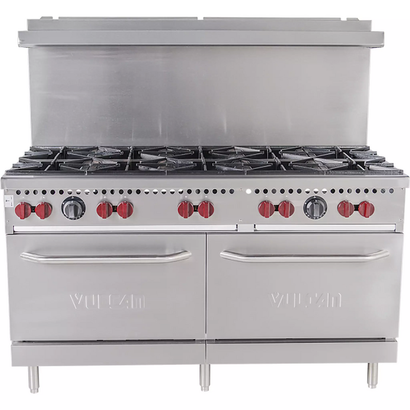Vulcan SX60-10B natural gas/propane 60 inch stainless steel range with 10 open burners and two ovens below