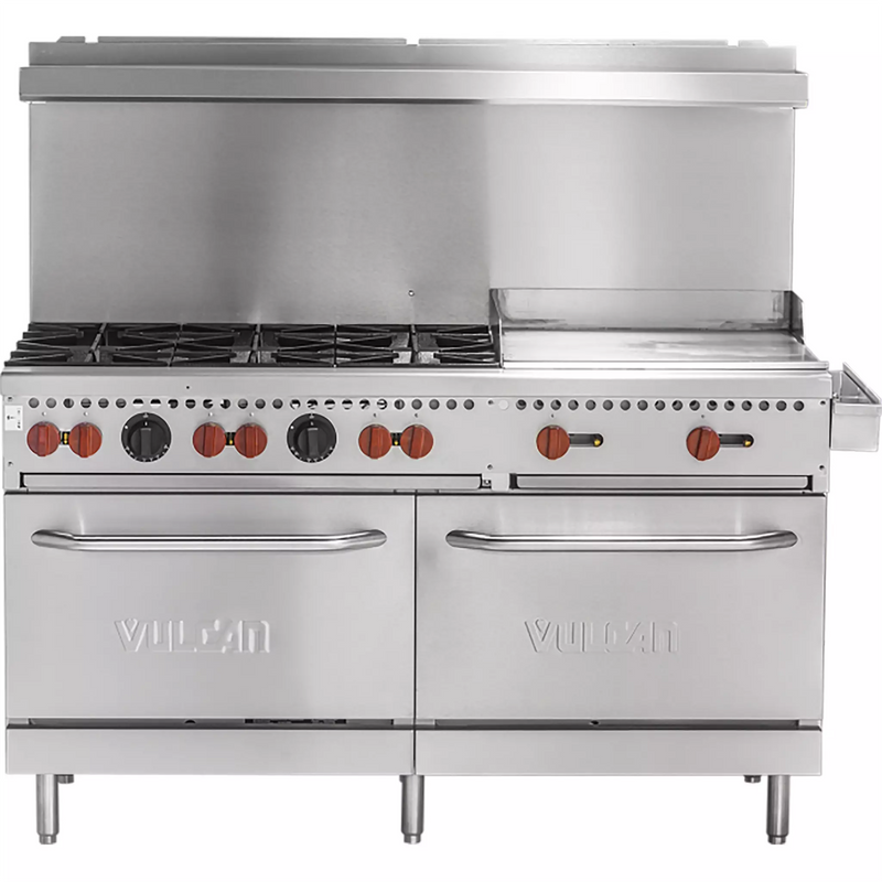 Vulcan SX60-6B24G natural gas/propane 60 inch stainless steel range with 6 burners, 24 inch griddle and two ovens