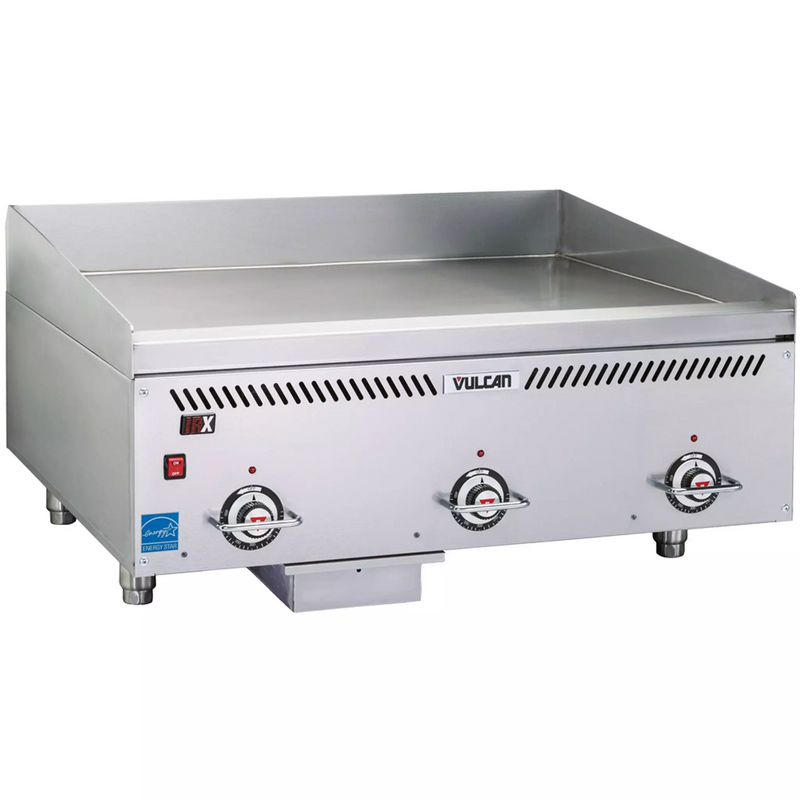 Vulcan VCCG-AS series gas thermostatic griddle, stainless steel countertop unit with three controls, angled view