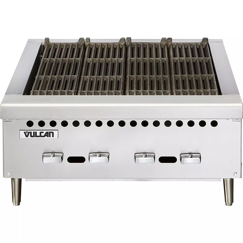 Vulcan VCRB25 natural gas/propane 25 inch countertop radiant charbroiler in stainless steel with grates, front view