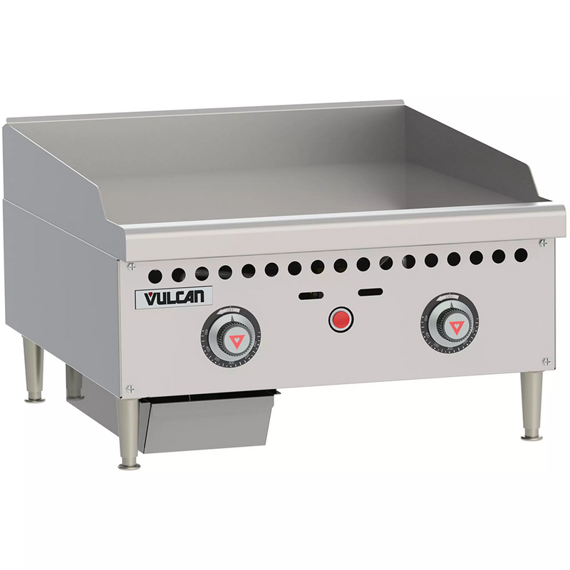 Vulcan VCRG24-T natural gas/propane 24 inch thermostatic countertop griddle in stainless steel, angled view
