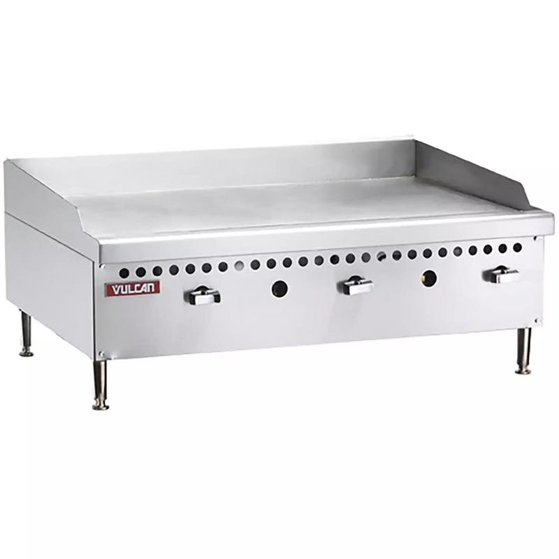 Vulcan VCRG36-M natural gas/propane 36 inch manual countertop griddle in stainless steel with three control knobs