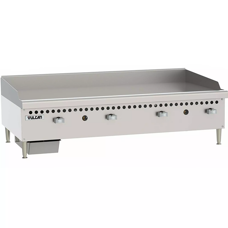 Vulcan VCRG48-M natural gas/propane 48 inch manual countertop griddle in stainless steel with four control knobs