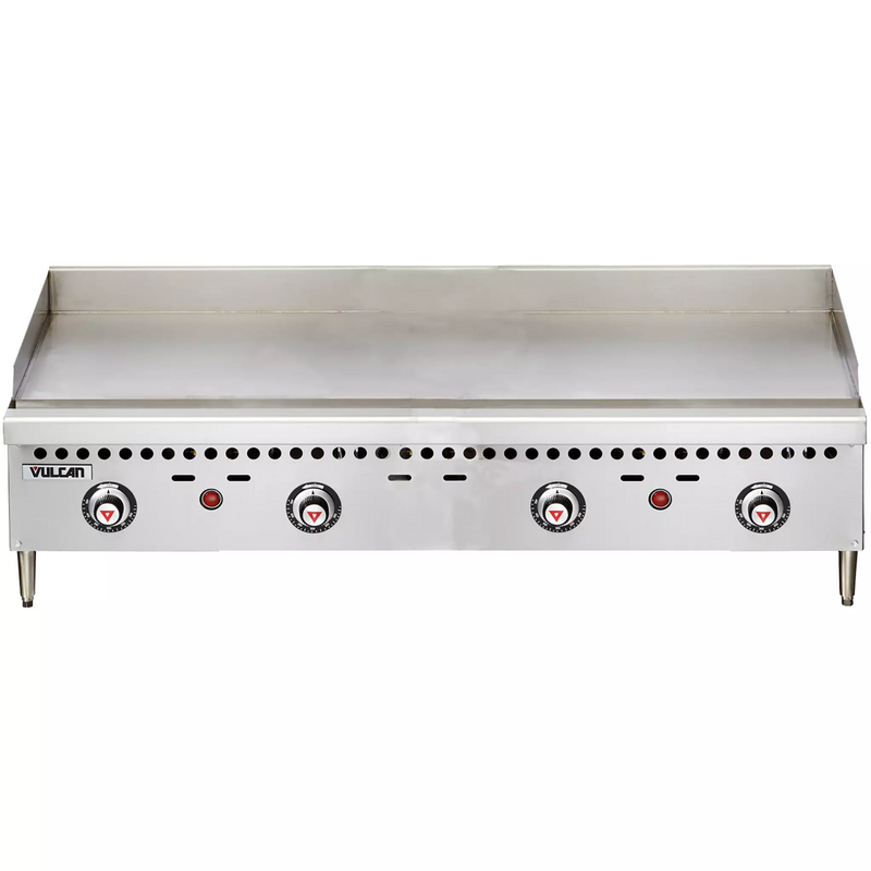 Vulcan VCRG48-T natural gas/propane 48 inch thermostatic countertop griddle in stainless steel with four thermostats