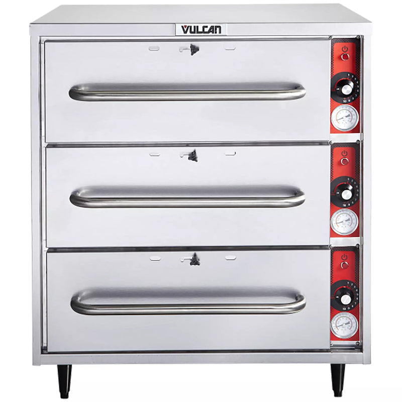 Vulcan VW3S triple warming drawer, stainless steel freestanding unit with three drawers and red controls