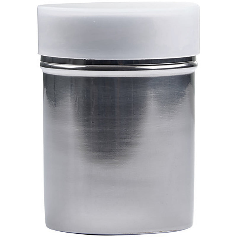 Winco 10 oz stainless steel powdered sugar dispenser, polished shaker shown with white plastic storage cap on top