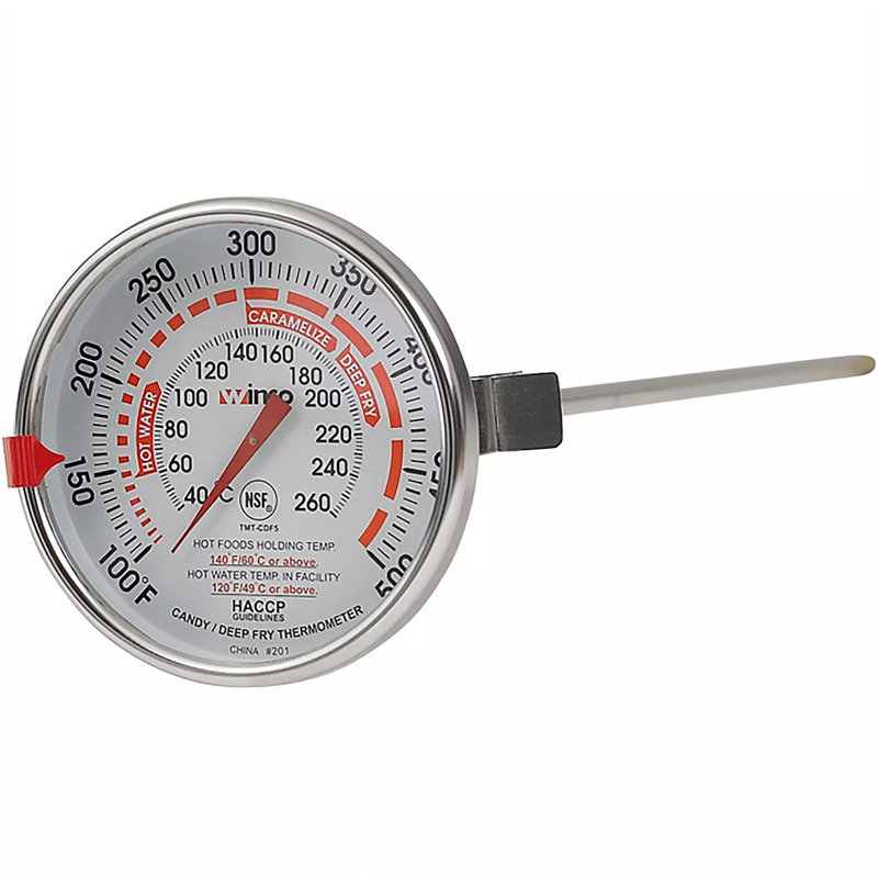 Winco 12" candy/deep fryer thermometer with round stainless steel dial, red markings, pot clip and long probe
