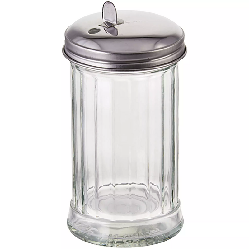 Winco 12 oz clear ribbed glass sugar pourer with stainless steel flap spout top style