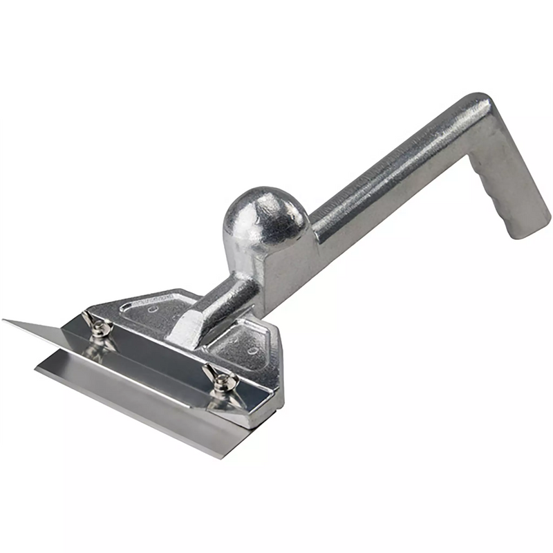 Winco 14 inch heavy-duty aluminum griddle scraper with replaceable blade, clamp head and offset handle