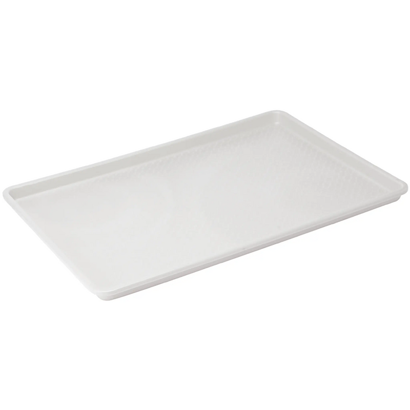 Winco 18 x 26 inch white plastic sheet tray, full-size rectangular tray with raised rim shown at an angle