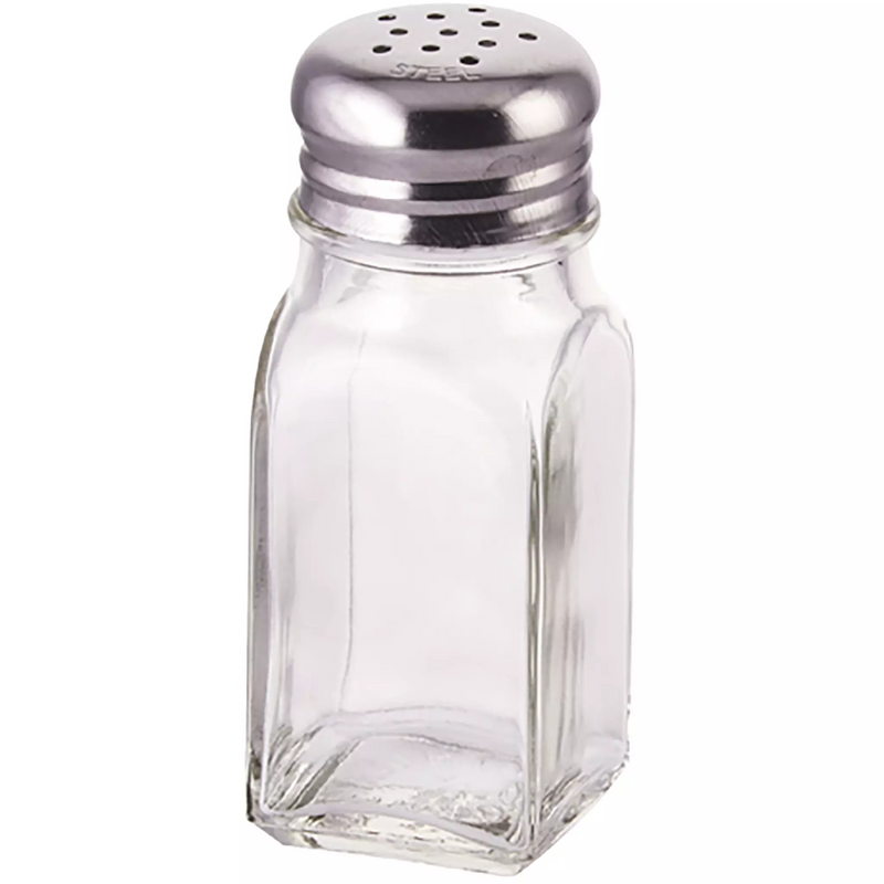 Winco 2 oz square clear glass salt and pepper shaker with perforated stainless steel cap