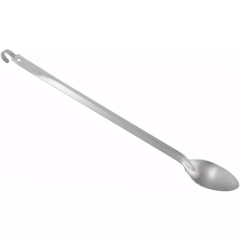 Winco 21 inch heavy-duty stainless steel solid basting spoon with hook end for hanging on a pot rim