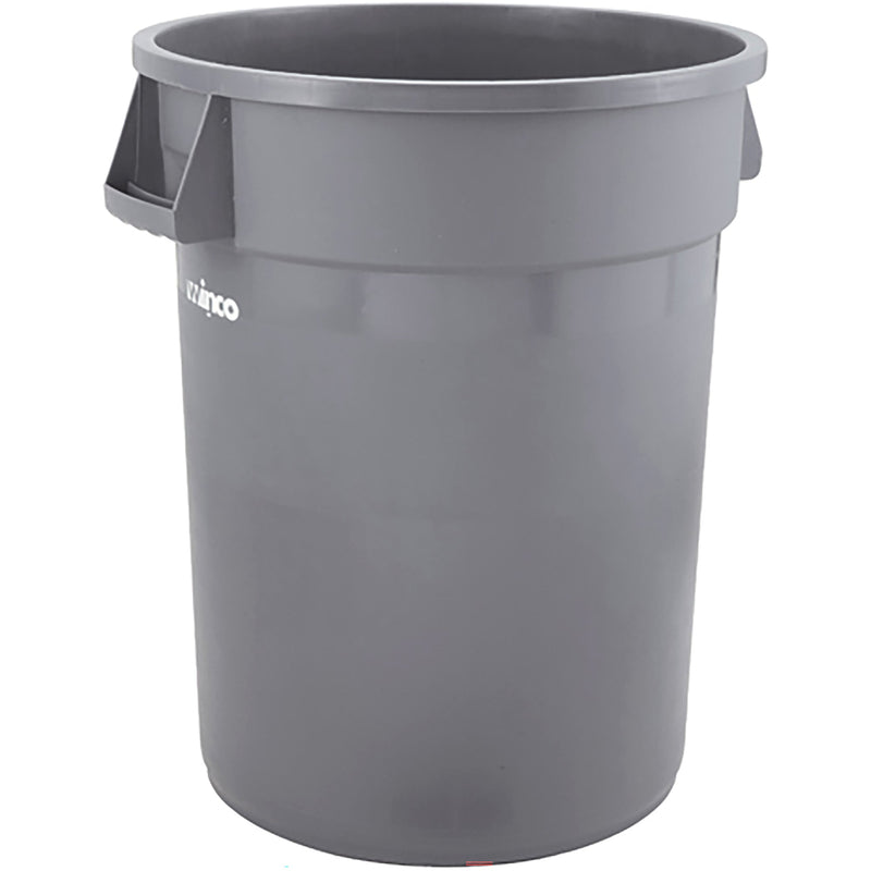 Winco 32 gallon gray round trash bin with two side handles and Winco logo, open top without lid, front view