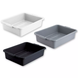 Winco 5-inch polypropylene dish bins in various colours, white, grey and black shallow bus tubs shown together