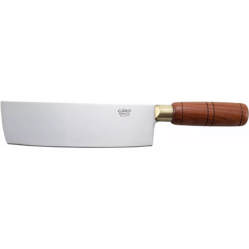 Winco 7 inch Chinese cleaver with rectangular stainless steel blade and round wooden handle