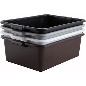 Winco 7-inch polypropylene dish bins in various colours, black, grey, white and brown bins shown stacked