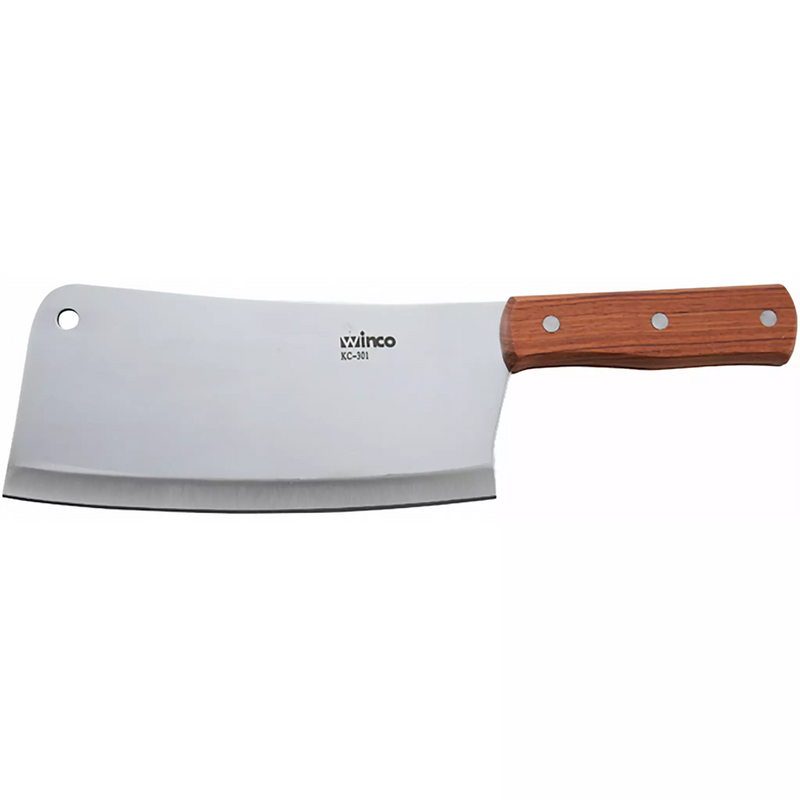 Winco 8 inch heavy duty cleaver with wide stainless steel blade, hanging hole and wooden handle