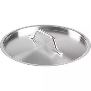 Winco 8" SSTC-8F stainless steel pot and pan cover with flat profile and riveted loop handle, angled top view