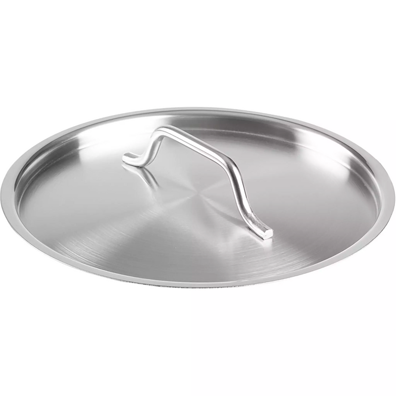 Winco 8" SSTC-8F stainless steel pot and pan cover with flat profile and riveted loop handle, angled top view