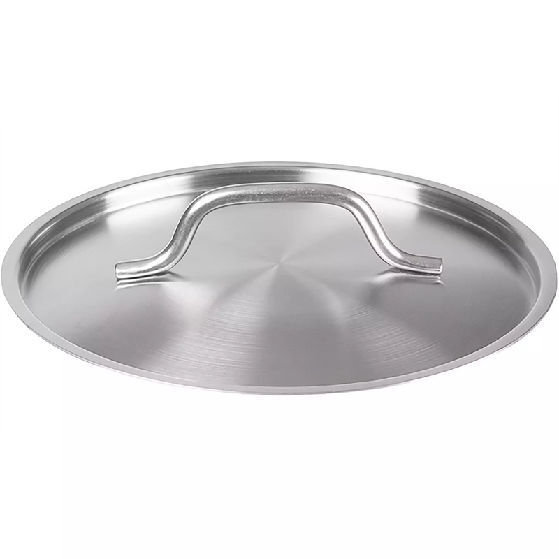 Winco 9 1/2" SSTC-8 stainless steel pot and pan cover with riveted loop handle, angled view of the lid top