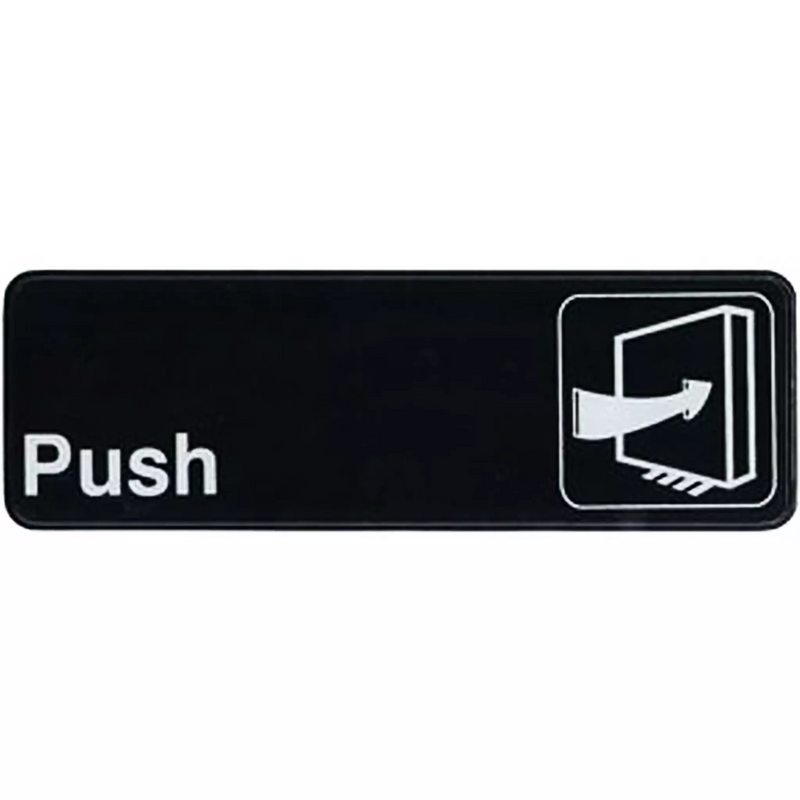 Winco 9" x 3" information sign in black with white Push text and push door icon for commercial doors