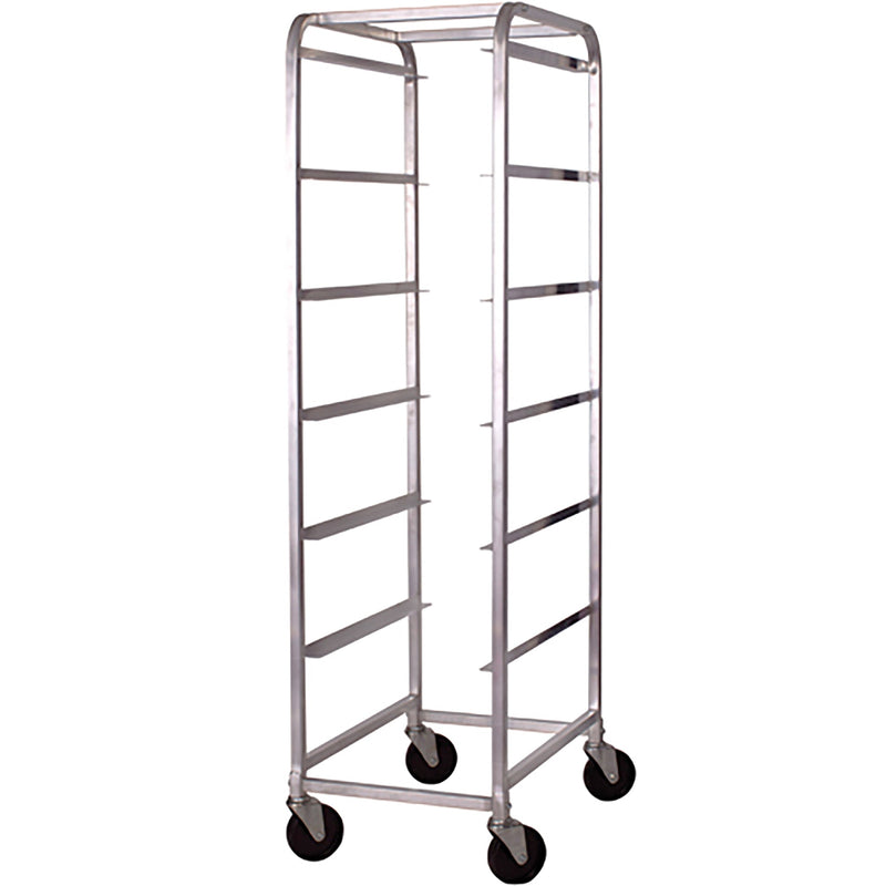 Winco ABBC-6 aluminum 6 tier bus bin rack, empty tall mobile frame with six sets of slides on four casters
