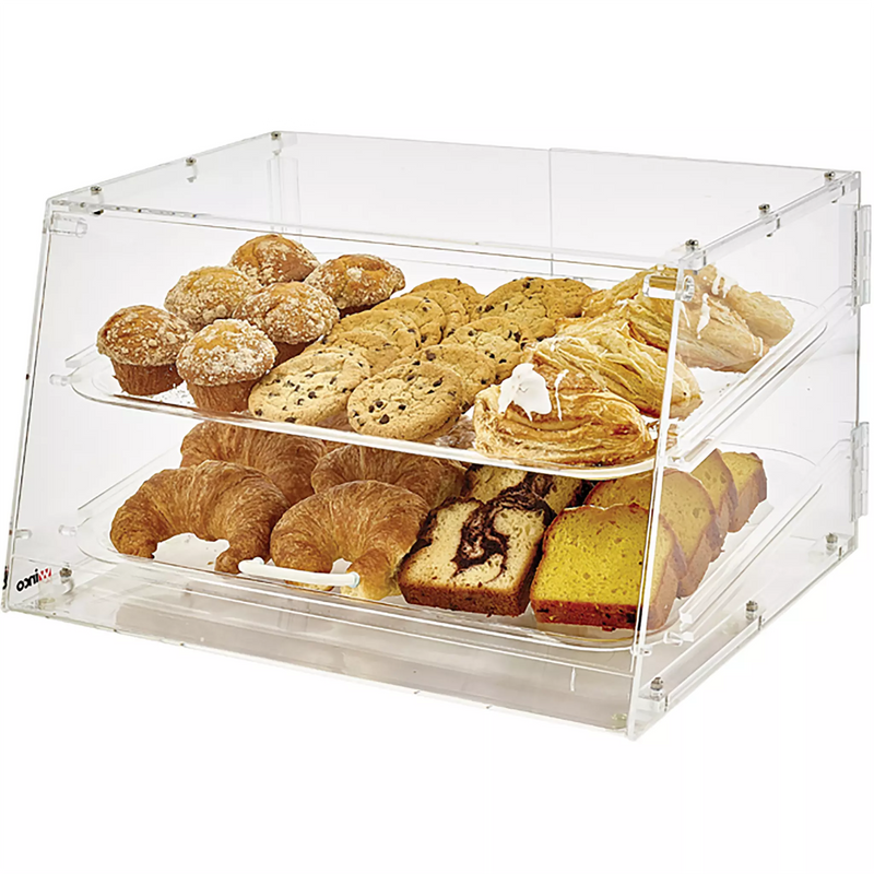 Winco ADC-2 two tier acrylic display case, clear countertop bakery case shown with muffins and croissants, angled