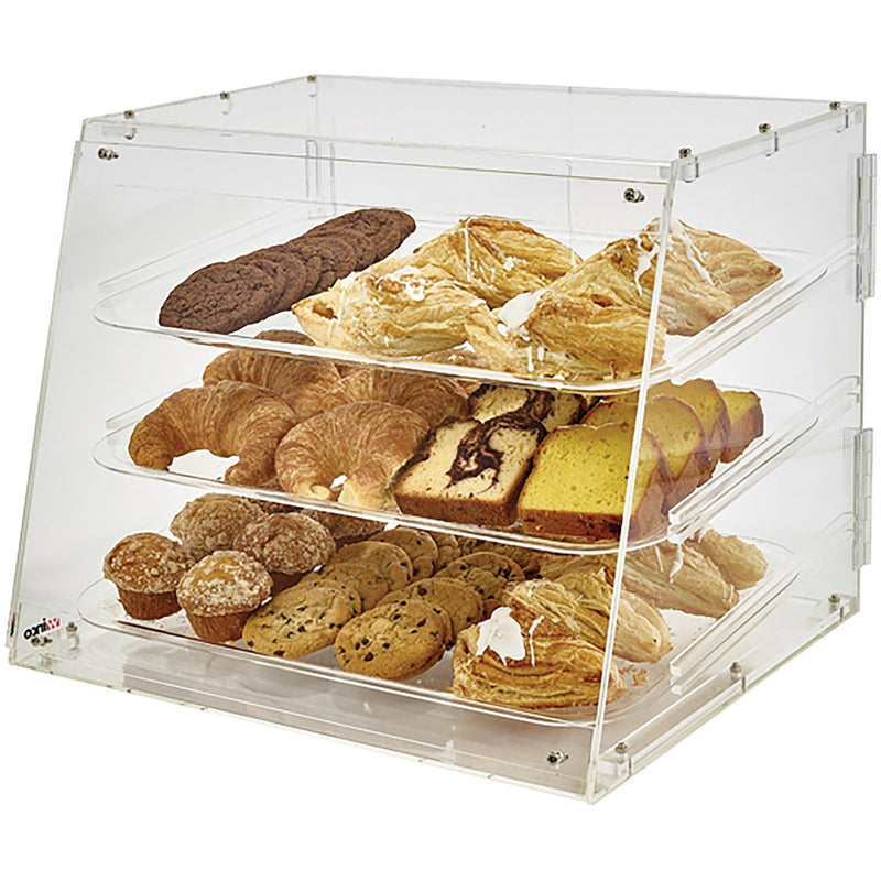 Winco ADC-3 three tier acrylic display case, clear bakery case with sliding doors filled with pastries, angled