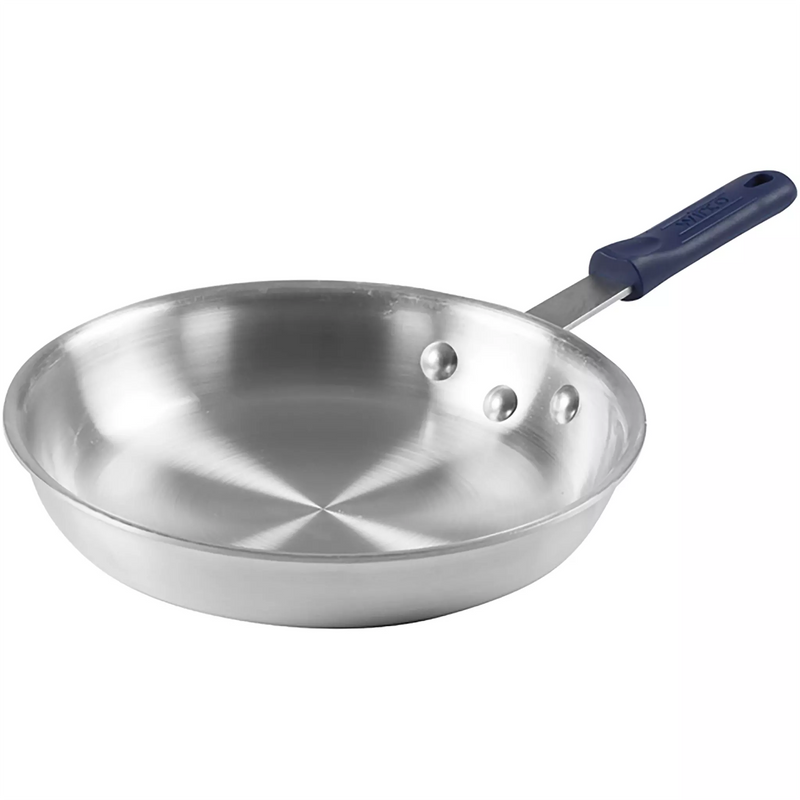 Winco AFP Series natural finish aluminum frying pan with riveted handle and blue silicone sleeve, mid size option