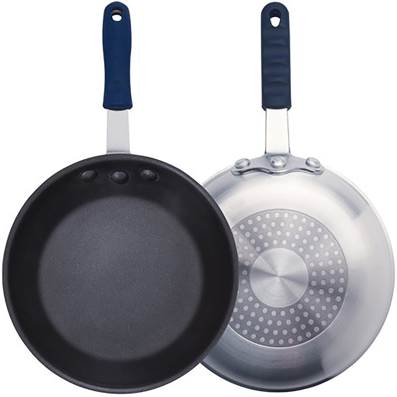 Winco AFPI Series induction non-stick aluminum fry pan, black interior beside the induction-ready stainless base