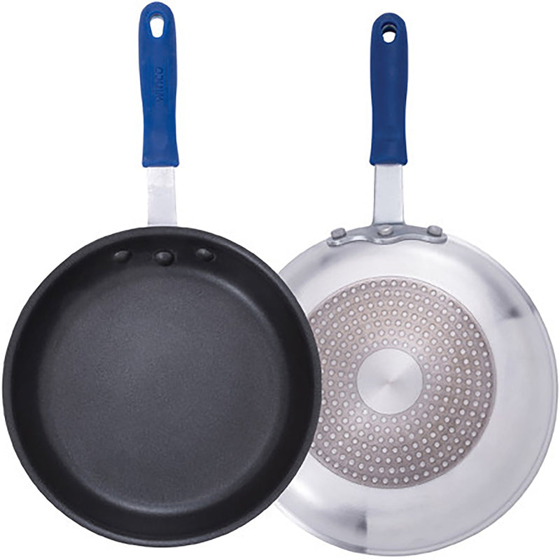 Winco AFPI Series induction non-stick fry pan, top view of black coating and underside with induction disc
