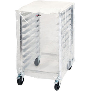 Winco ALRK-10-CV cover for ALRK-10 tier sheet pan rack, clear plastic cover shown fitted over the rack on casters