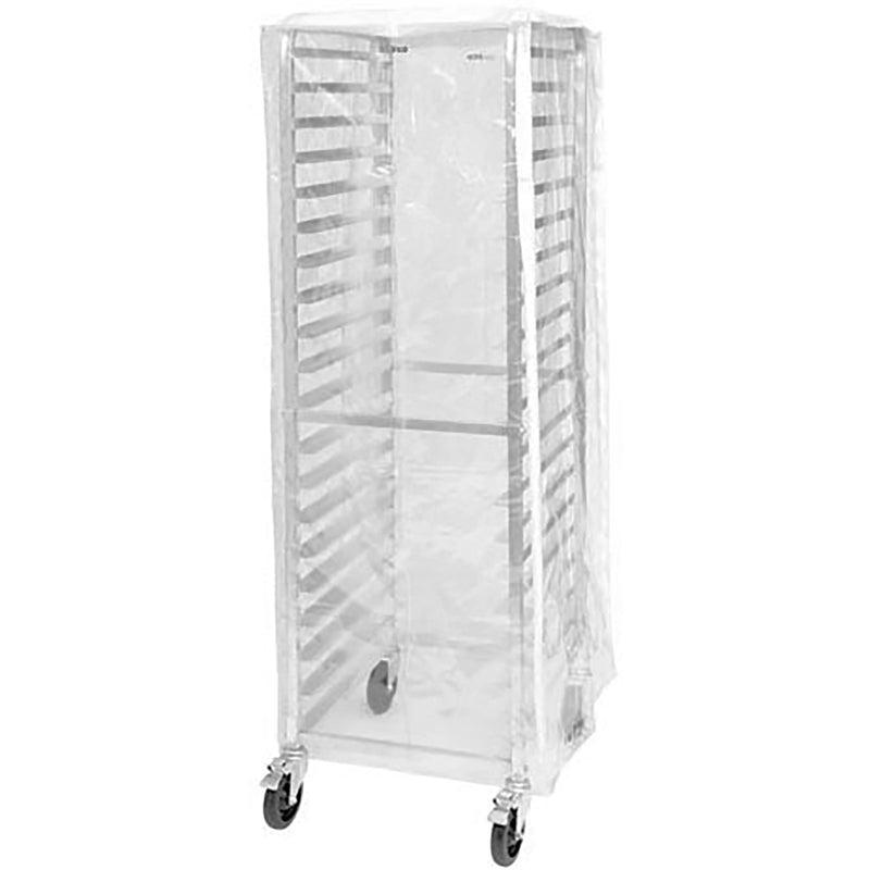 Winco ALRK-20-CV clear plastic cover for 20 and 30 tier sheet pan racks, shown fitted over a mobile pan rack