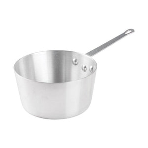 Winco ASP Series tapered aluminum sauce pan with riveted long steel handle and hanging hole, angled view