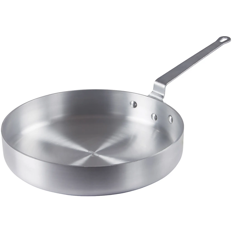 Winco AXST Series super aluminum saute pan, 4mm thick wide straight-sided pan with long handle, largest size shown