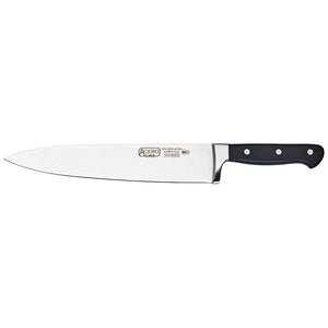 Winco Acero 10-inch chef's knife, wide stainless steel blade with black triple-riveted handle, full side view