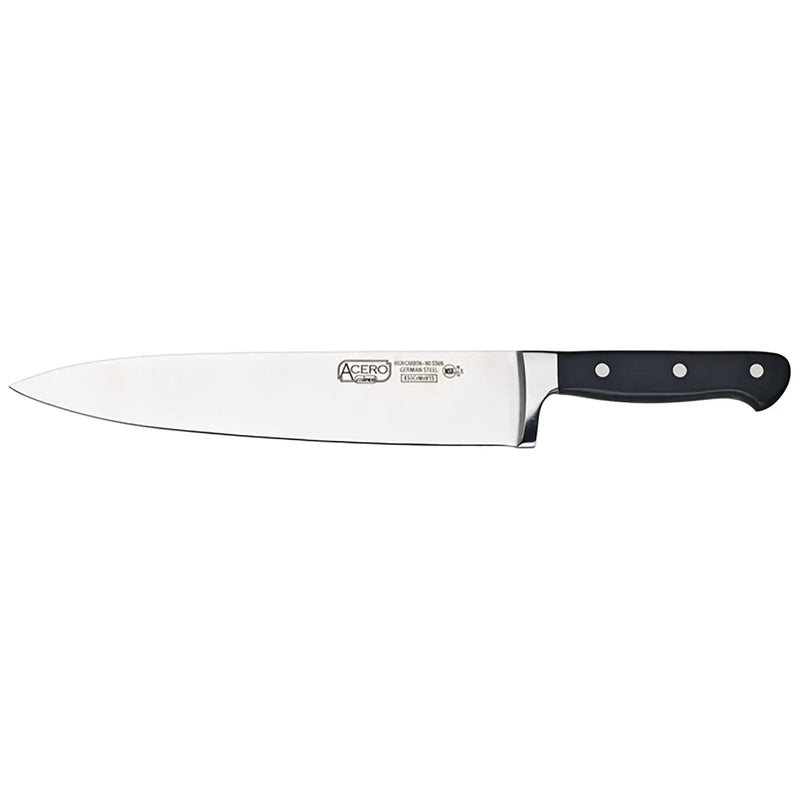 Winco Acero 10-inch chef's knife, wide stainless steel blade with black triple-riveted handle, full side view