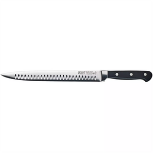 Winco Acero 10-inch Granton edge slicer, long narrow stainless steel blade with pointed tip and black handle