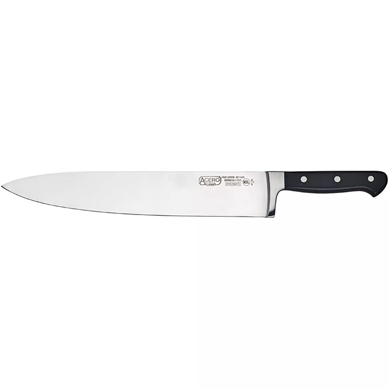 Winco Acero 12-inch chef's knife, stainless steel blade with black triple-riveted handle, full length side view
