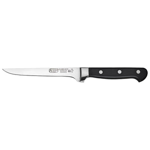 Winco Acero 6 inch boning knife with narrow stainless steel blade and black triple-riveted handle