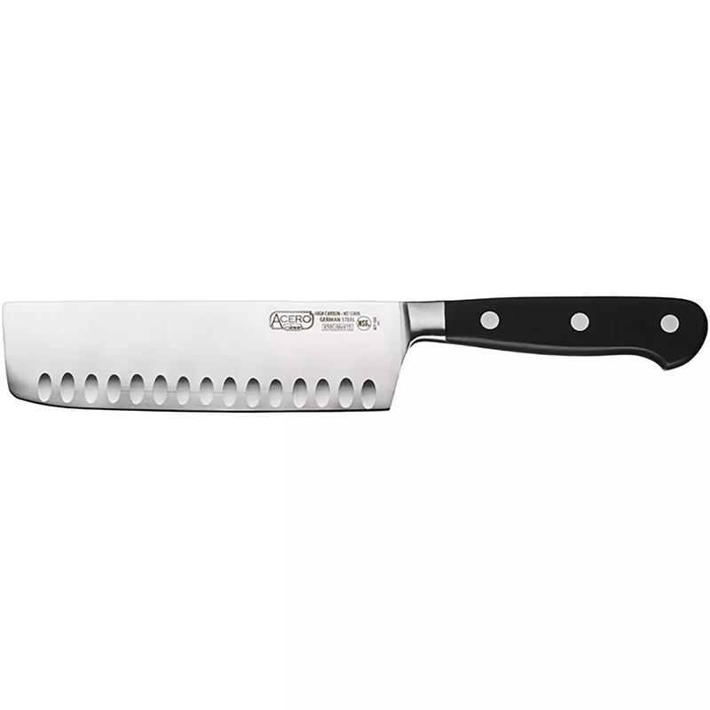 Winco Acero 7 inch nakiri knife with hollow ground stainless steel blade and black riveted handle