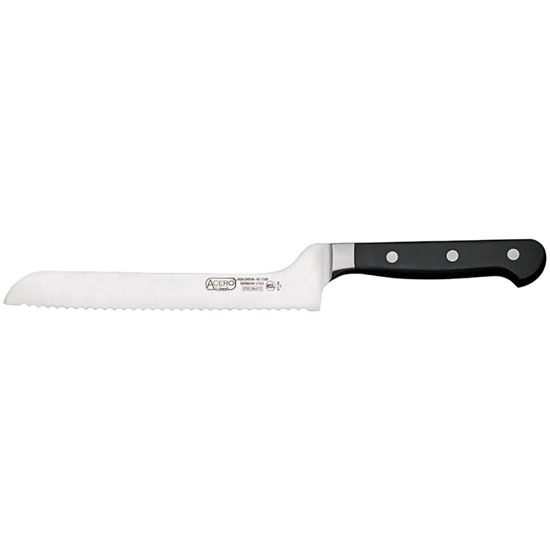 Winco Acero 8 inch offset bread knife with stainless steel blade and black triple-riveted handle