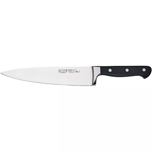 Winco Acero 8 inch chef's knife with forged stainless steel blade and black riveted handle