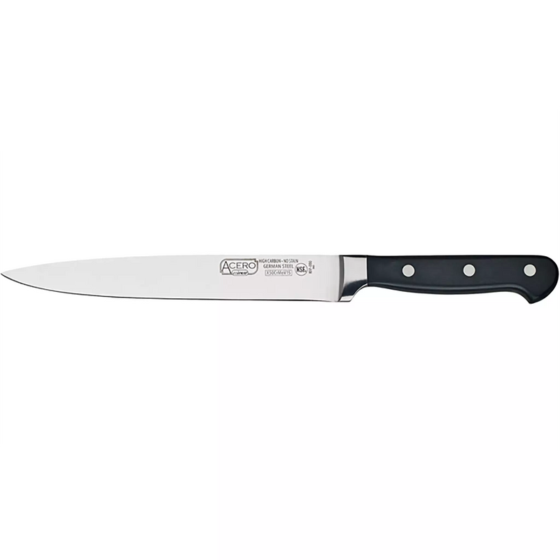 Winco Acero 8 inch slicer knife with narrow stainless steel blade and black triple-riveted handle