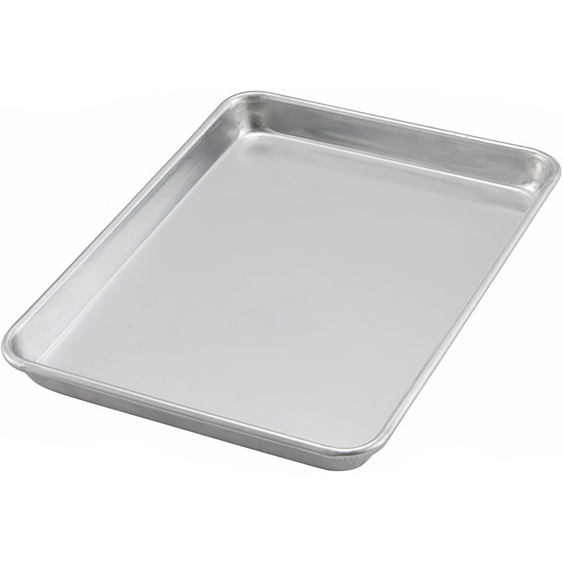 Winco aluminum 1/4 size sheet pan, small natural aluminum quarter sheet pan with rolled rim, angled top view