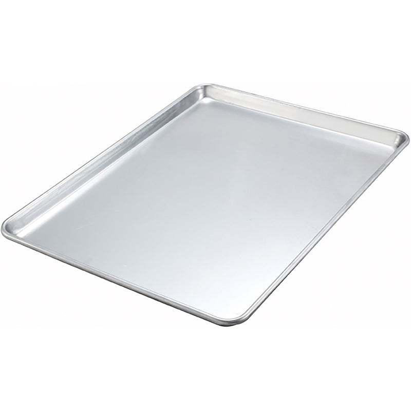 Winco aluminum 2/3 size sheet pan, natural aluminum bun pan with rolled edges, angled top view of the empty pan