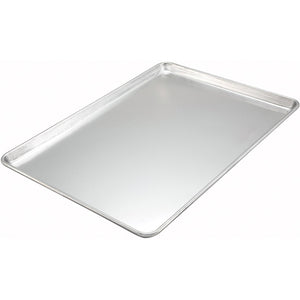 Winco aluminum full size sheet pan, large natural aluminum bun pan with rolled edges, angled view of empty pan