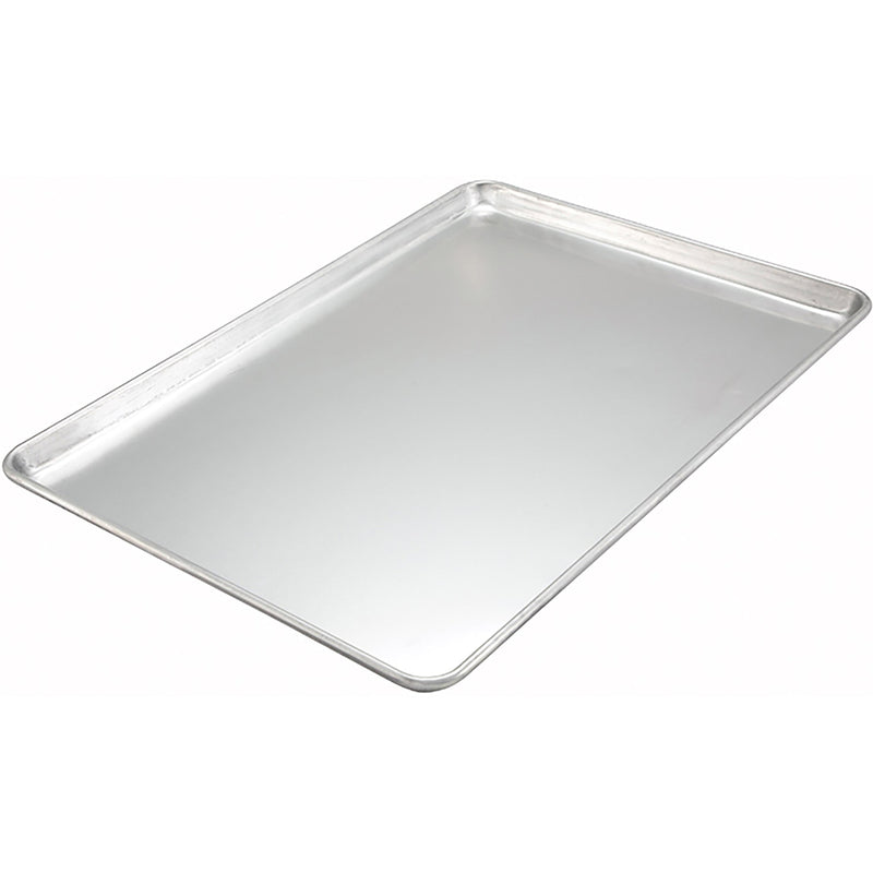 Winco aluminum full size sheet pan, large natural aluminum bun pan with rolled edges, angled view of empty pan